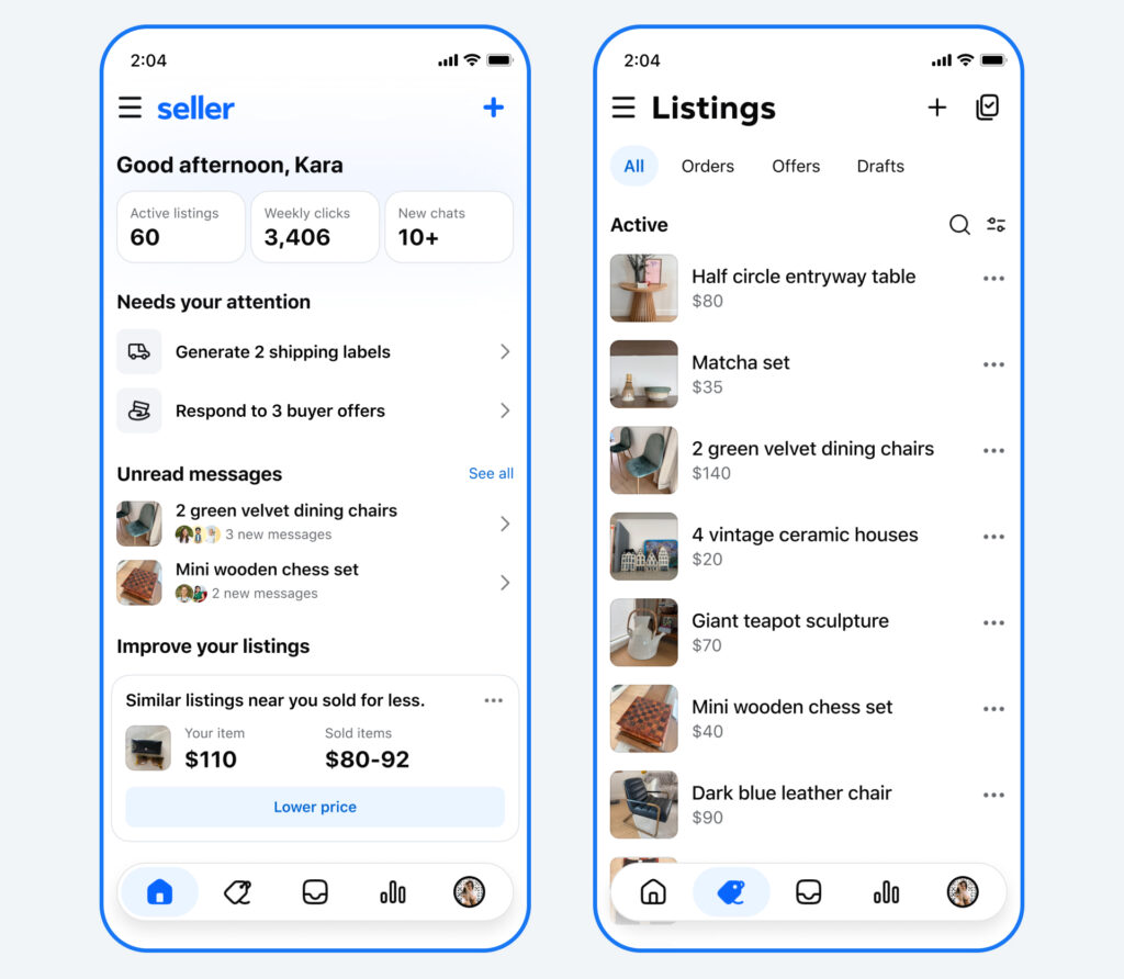 Interfaz oficial de la app Seller de Facebook Marketplace